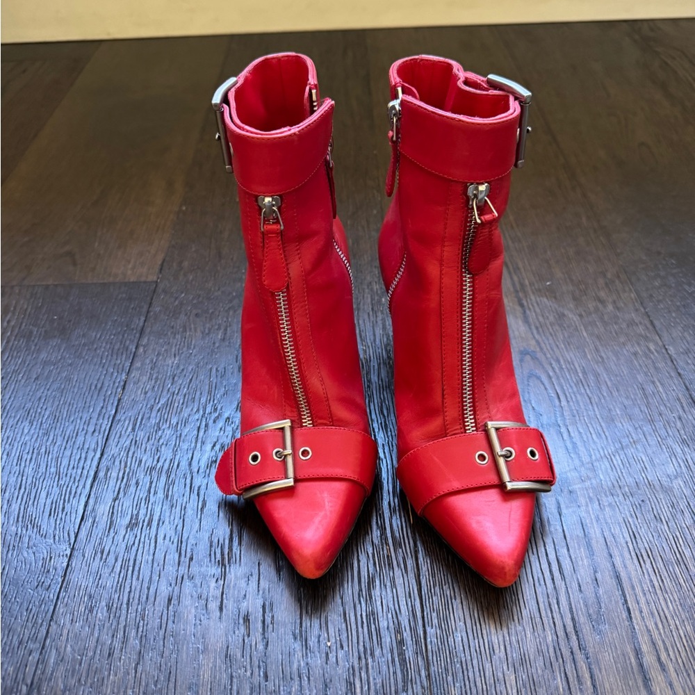 Chic Red Ankle Boots with Buckle Detail